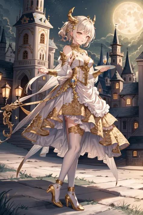 ((best quality)), ((masterpiece)), (detailed), intricated details, 1girl, young goth girl, freckles, golden horns, white hime cut hair, golden heels, jewelry, gothic castle outdoor, night, moon, stars, <lora:IvoryGoldAIv2:.9> IvoryGoldAI