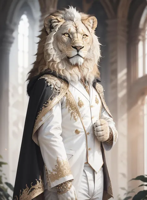 action pose, portrait,close up,  focus, blur, (black roundeyes:1.4), posing, hand on chest,
, realistic, (lion wearing a whiteoutfit:1.2), male focus,
dazzling, white  jumpsuit, satin, adorned with elaborate sequin and rhinestone embellishments, electric blue, deep red, or shimmering gold,  high and  open-collar design,  stones,embellishments, high-collared cape,
werenaimal,
<lora:IvoryGoldAIv2:0.6>IvoryGoldAI
palace,
abstract, (best quality:1.3), ((masterpiece)), ((realistic)) ,  ,ankymoore, absurdres, intricate details,  bloom,  backlighting,, dramatic lighting
film grain, 85mm, focus,
<lora:ankymoore:0.0>  <lora:add_detail:0.25>
<lora:lightV1:0.5> <lora:GPTS3 animals_258424:0.2> <lora:AnimalClothes:0.3>
<lora:anmen:0.6>   <lora:7_wereanimal_1v5_768_0001BD5e_NR128NA128off:0.2> <lora:lit:0.7>