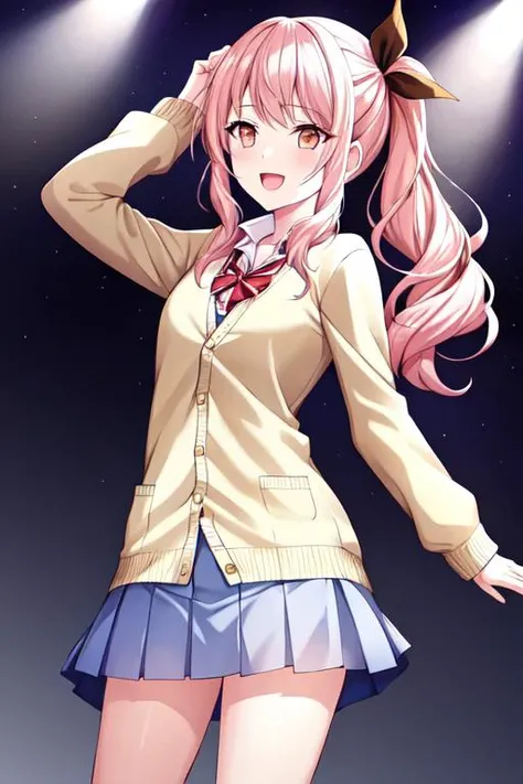 a girl, <lora:mizuki-000015:0.8>,pale yellow school uniform,cardigan,check skirt, (slanted eyes ::1.2),slim