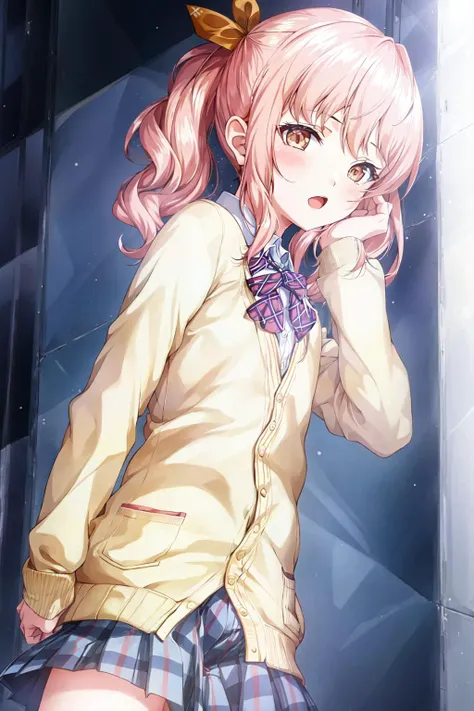 a girl, <lora:mizuki-000015:0.73>,pale yellow school uniform,cardigan, (boyish ,slanted eyes ::1.4),slim, plaid skirts
