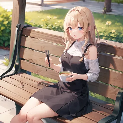 best quality, a girl sat in a bench, beef noodle soup