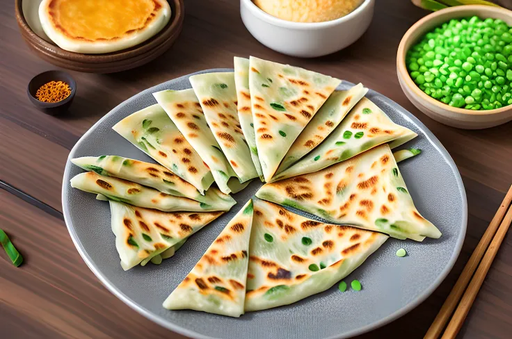 a plate of scallion pancake, ((masterpiece)),high detail, soft lighting, delicious, colorful, aesthetically pleasing, trending <lora:CommonTaiwaneseFood_24:1>