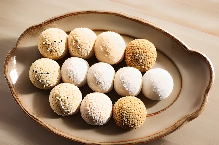 a plate of millet mochi, ((masterpiece)),illustration,high detail, soft lighting, delicious, colorful, aesthetically pleasing, trending <lora:CommonTaiwaneseFood_24:1>