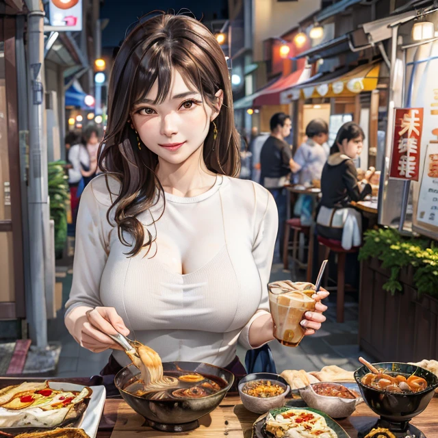 masterpiece, best quality, highres, 1woman, mature, looking at viewer, taiwan night, on the street, <lora:taiwanMetalSteel_v10:0.7>,(metal steel building:1.2), upper body, detailed shirt , brown wavy hair, (oyster omelet:1.1) and stinky tofu and (oyster vermicelli:1.2) and bubble tea on table, <lora:acrossTableConcept_v10:0.6> , <lora:commonTaiwaneseFood_v10:0.75>, <lora:aiBeautyIthlinni_ithlinniV1:0.4>
