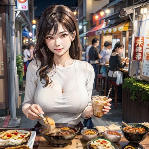 masterpiece, best quality, highres, 1woman, mature, looking at viewer, taiwan night, on the street, <lora:taiwanMetalSteel_v10:0.7>,(metal steel building:1.2), upper body, detailed shirt ,  brown wavy hair, (oyster omelet:1.1) and stinky tofu and (oyster vermicelli:1.2) and bubble tea on table, <lora:acrossTableConcept_v10:0.6> , <lora:commonTaiwaneseFood_v10:0.75>,  <lora:aiBeautyIthlinni_ithlinniV1:0.4>