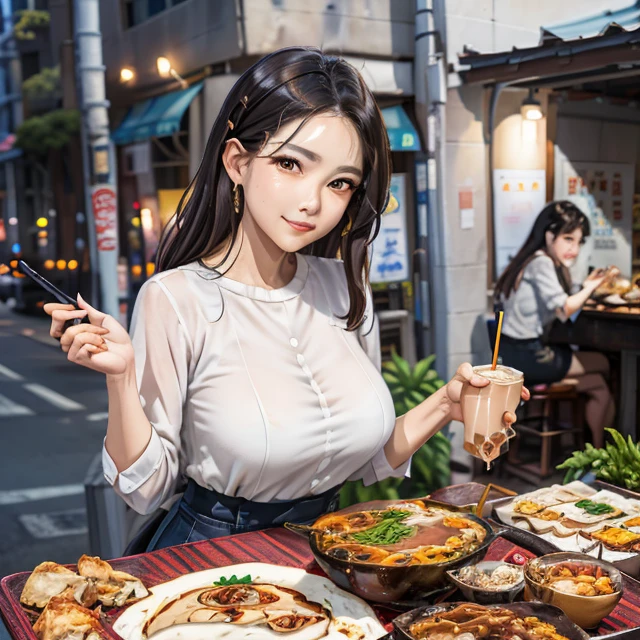 masterpiece, best quality, highres, 1woman, mature, looking at viewer, taiwan night, on the street, <lora:taiwanMetalSteel_v10:0.7>,(metal steel building:1.2), upper body, detailed shirt , brown wavy hair, (oyster omelet:1.1) and stinky tofu and (oyster vermicelli:1.2) and bubble tea on table, <lora:acrossTableConcept_v10:0.6> , <lora:commonTaiwaneseFood_v10:0.75>, <lora:aiBeautyIthlinni_ithlinniV1:0.4>