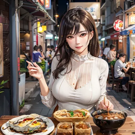 masterpiece, best quality, highres, 1woman, mature, looking at viewer, taiwan night, on the street, <lora:taiwanMetalSteel_v10:0.7>,(metal steel building:1.2), upper body, detailed shirt ,  brown wavy hair, (oyster omelet:1.1) and stinky tofu and (oyster vermicelli:1.2) and bubble tea on table, <lora:acrossTableConcept_v10:0.6> , <lora:commonTaiwaneseFood_v10:0.75>,  <lora:aiBeautyIthlinni_ithlinniV1:0.4>