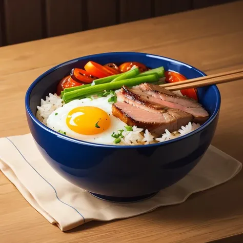 a bowl of braised pork rice, egg, vegetable, ((masterpiece)),illustration,high detail, soft lighting, delicious, colorful, aesthetically pleasing, studio lighting, trending <lora:CommonTaiwaneseFood_24:1>