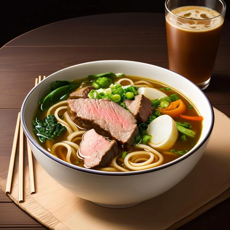 a bowl of beef noodle soup, vegetable, ((masterpiece)),illustration,high detail, soft lighting, delicious, colorful, aesthetically pleasing, studio lighting, trending <lora:CommonTaiwaneseFood_24:1>