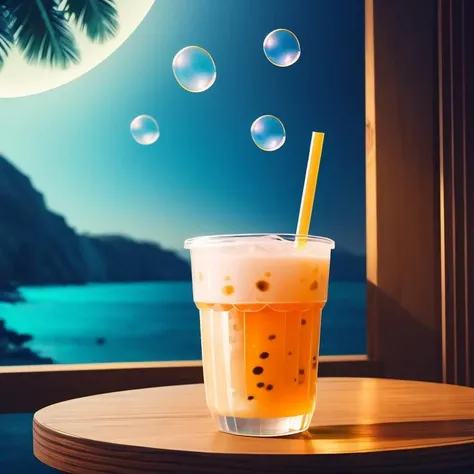 bubble tea, seaside,((masterpiece)),illustration,high detail, soft lighting, delicious, colorful, aesthetically pleasing, studio lighting, trending <lora:CommonTaiwaneseFood_24:1>
