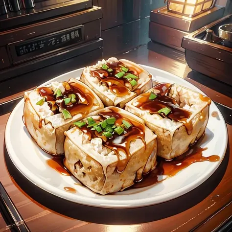 a plate of stinky tofu,((masterpiece)),illustration,high detail, soft lighting, delicious, colorful, aesthetically pleasing, studio lighting, trending <lora:CommonTaiwaneseFood_24:1>