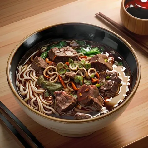 a bowl of beef noodle soup, ((masterpiece)),illustration,high detail, soft lighting, delicious, colorful, aesthetically pleasing, studio lighting, trending <lora:CommonTaiwaneseFood_24:1>