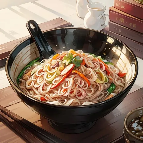 a bowl of rice noodles, vegetable, ((masterpiece)),illustration,high detail, soft lighting, delicious, colorful, aesthetically pleasing, studio lighting, trending <lora:CommonTaiwaneseFood_24:1>