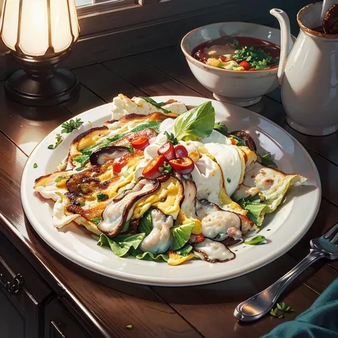 a bowl of oyster omelet, ((masterpiece)),illustration,high detail, soft lighting, delicious, colorful, aesthetically pleasing, studio lighting, trending <lora:CommonTaiwaneseFood_24:0.9>