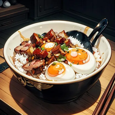 a bowl of braised pork rice, egg, vegetable, ((masterpiece)),illustration,high detail, soft lighting, delicious, colorful, aesthetically pleasing, studio lighting, trending <lora:CommonTaiwaneseFood_24:0.9>