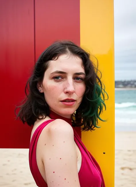 portrait of sks woman in Sydney, at Bondi Beach, by Flora Borsi, style by Flora Borsi, bold, bright colours, ((Flora Borsi)), by Dorothea Lange, <lora:lora-small-mayim-bialik-v1:1>