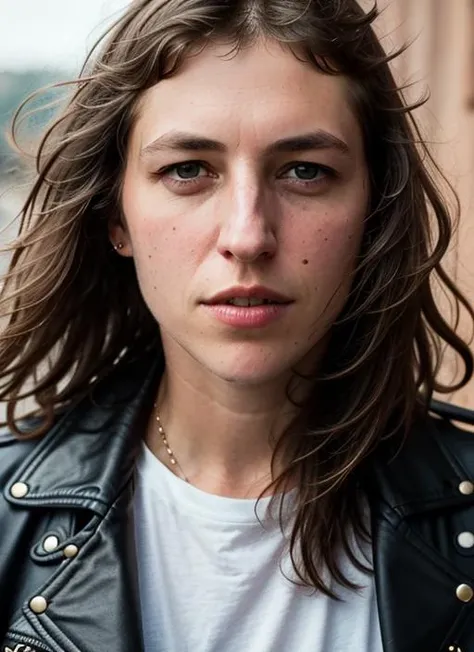 A stunning intricate color close up portrait of (sks woman:1) , wearing Leather jacket and skinny jeans, epic character composition, sharp focus, natural lighting, subsurface scattering, f2, 35mm, film grain, , by Michael Kenna, <lora:lora-small-mayim-bialik-v1:1>