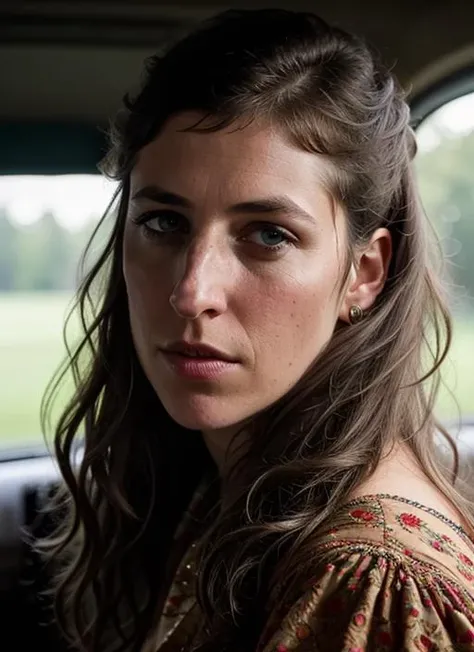 A stunning intricate color close up portrait of (sks woman:1) , wearing fancy dress, epic character composition, sharp focus, natural lighting, subsurface scattering, f2, 35mm, film grain, , by Gregory Crewdson, <lora:lora-small-mayim-bialik-v1:1>