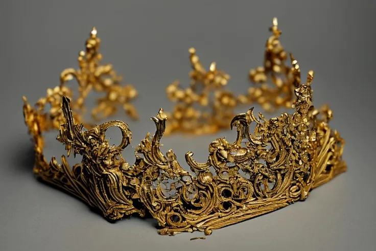 DREAD, gold tiara with untraditional designs, some simply geometrical, some plainly marine, molded in high relief, intricate detail, disturbingly ornate, horror, <lora:Calligraphy art:1>.