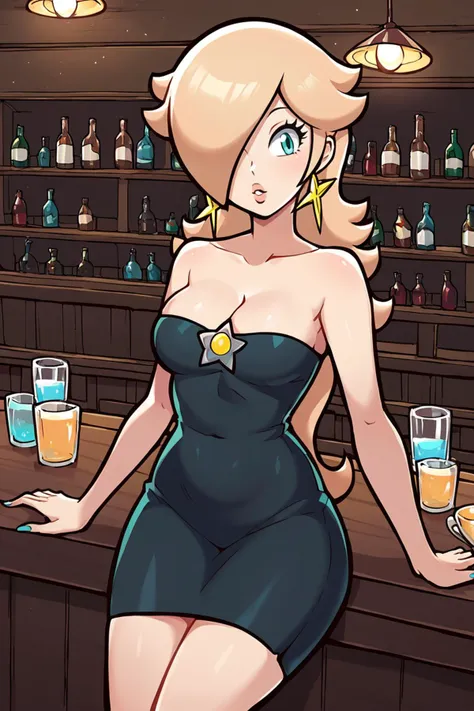 score_9, score_8_up, 1girl, solo, rosalina, style parody, thick outlines, black dress, sleeveless, strapless, cleavage, indoors, bar, <lora:RosalinaSDXL:1>