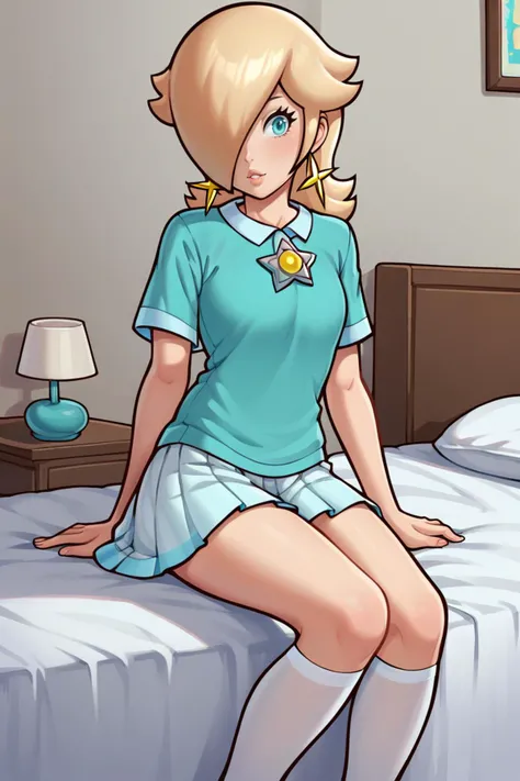 score_9, score_8_up, 2D, flat color, thick outlines, 1girl, solo, rosalina, blue shirt, short sleeves, white skirt, indoors, sitting on bed, white stockings, pleated skirt, <lora:RosalinaSDXL:1>