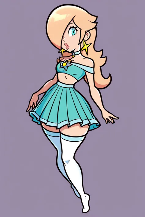 score_9, score_8_up, 2D, flat color, thick outlines, 1girl, solo, rosalina, wide hips, narrow waist, tube top, choker, lipstick, white stockings, pleated skirt, <lora:RosalinaSDXL:1>