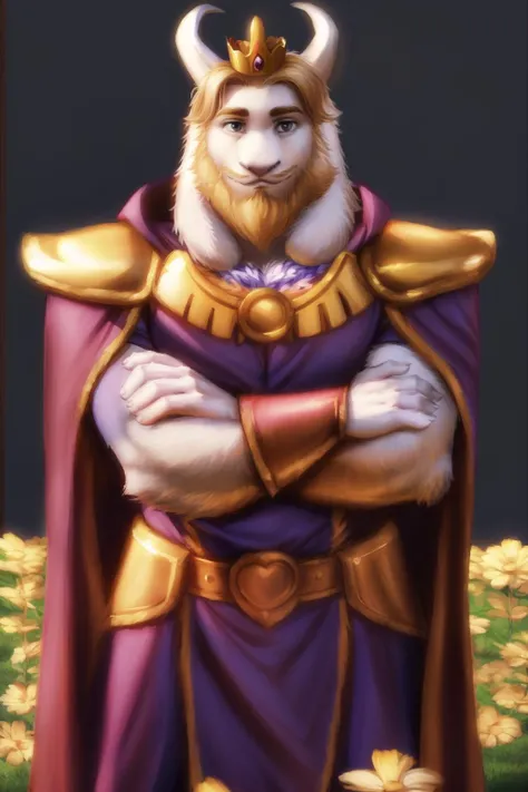<lora:asgore-08:1>, asgore, plump, bara, (pose:1.3), (posing:1.3), (soft shading), 4k, hi res, five fingers, detailed hands, ((detailed face, (detailed eyes:1.0), detailed)), (full body), by zackarry911, by zaush, (by personalami:0.5), standing, full body, male focus, cape, armor, no humans, crown, shoulder armor, flower field, flower, smile, crossed arms