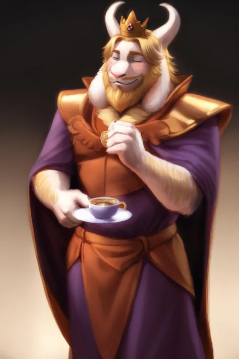 <lora:asgore-08:1>, asgore, plump, bara, smile, belly, blonde hair,  (pose:1.3), (posing:1.3), (soft shading), 4k, hi res, five fingers, detailed hands, ((detailed face, (detailed eyes:1.0), detailed)), (full body), by zackarry911, by zaush, (by personalami:0.5), solo, blush, smile, 1boy, holding, closed eyes, upper body, male focus, cape, armor, cup, crown, holding cup, teacup, white fur, purple cape