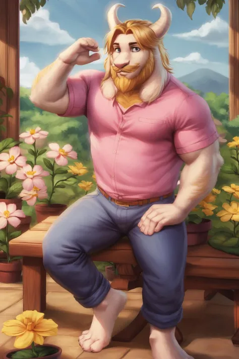 <lora:asgore-08:1>, asgore, plump, bara, smile, belly, blonde hair,  (pose:1.3), (posing:1.3), (soft shading), 4k, hi res, five fingers, detailed hands, ((detailed face, (detailed eyes:1.0), detailed)), (full body), by zackarry911, by zaush, (by personalami:0.5), solo, shirt, 1boy, sitting, tail, flower, short sleeves, male focus, barefoot, pants, indoors, plant, pink shirt, jeans, yellow flower, mustache, blue pants, potted plant