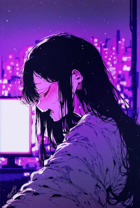 score_9,score_8_up,score_7_up,score_6_up,score_5_up,score_4_up 1girl,solo,long hair,blush,open mouth,black hair,closed eyes,teeth,artist name,indoors,blurry,from side,profile,night,blurry background,sleeping,freckles,city,purple theme,monitor,neon lights,screen <lora:kz oji-v1-PDXL:1>