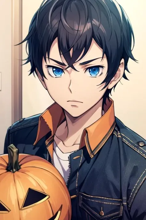 masterpiece, best quality, wallpaper, 1boy, solo, male focus, looking at viewer, , , <lora:tomoki_sakai:0.70>, tomoki_sakai, black hair, blue eyes, halloween costume, ,