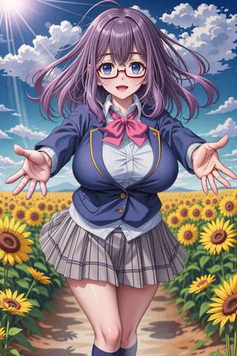 <lora:lcm_lora_sd15:1>,
(masterpiece,best quality,8k,beautiful and aesthetic:1.2),
solid-best-physical-appearance-perfect::2,
cosplay,(HUGE BREASTS:1.3),wind,(floating hair:1.2),PERFECTEYES EYES,narrow_waist,slender,skinny,(dynamic_angle),sexy posture,
<lora:([T\gQ)l8Y[Ph<.CHAR-TaekoNagafuji:0.8>,
TAEKONAGAFUJI,GLASSES,blue eyes,purple hair,
full-face blush,blush,smile,open mouth,
SCHOOL UNIFORM,BLAZER,(red neckwear),CARDIGAN,GREY SKIRT,plaid skirt,KNEEHIGHS,loafers,
standing,(leaning_forward:0.8),hug,reaching towards viewer,stretch out your hands forward,outstretched arms,
outdoors,sunbeam,in a meadow,
(<lora:[R]Xn}0{LORA.add_detail:0.2>),
<lora:[OMQ*S][vw<w[.locon_perfecteyes_v1_from_v1_64_32:0.6>,