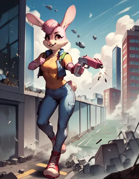 score_9, score_8_up, score_7_up, score_6_up, score_5_up, score_4_up, <lora:Lucy_Hare:0.7> lucy hare, holding blaster, aiming, city, destruction,