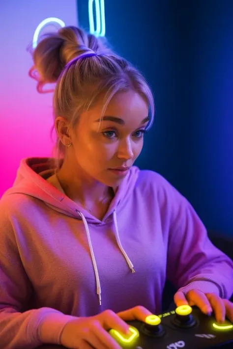 DEN_woodbabi_OF,
sitting at a computer wearing headphones and playing games (holding a controller:1.2) wearing a (hoodie:1.2) in a (neon lit room:1.3), (gamer:1.2), gaming, (gamer girl:1.3), games, (purple lighting, neon:1.2),
bokeh, f1.4, 40mm, photorealistic, raw, 8k, textured skin, skin pores, intricate details  <lora:epi_noiseoffset2:1>, epiCRealism <lora:ClothingAdjuster3:-1.2>