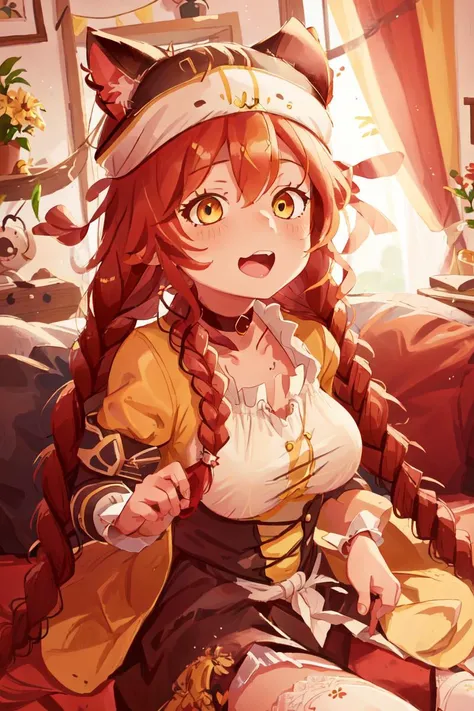 lupusregina_beta, 1girl, maid, braid, twin braids, yellow eyes, long hair, red hair, animal hat, choker, <lora:Lupusregina Beta v1_1:0.7>,  <lora:COOLKIDS_MERGE_V2.5:1>