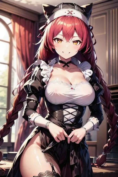 lupusregina_beta, 1girl, maid, upper body, braid, twin braids, yellow eyes, long hair, red hair, hat, choker,, (best quality:1.2), (ultra-detailed:1.2), masterpiece, 8k wallpapers, extremely detailed, mansion, <lora:Lupusregina Beta v1_1:0.75>, <lora:add_detail:0.55>