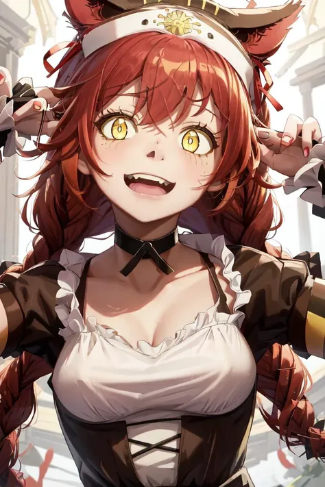 lupusregina_beta, upper body, 1girl, maid, braid, twin braids, yellow eyes, long hair, red hair, animal hat, choker, <lora:Lupusregina Beta v1_1:0.7>, <lora:crazyExpressions_crazyExpressions:0.7>, crazy face, crazy eyes, constricted pupils, small pupils, crazy smile