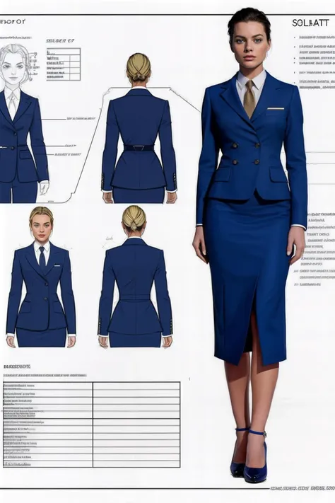 Character Design Sheet, character reference sheet, character turn around, 1girl, photo of robbie3, as (air hostess, Flight attendant), realistic, movie, <lora:Blueprint-264505:1.6>
