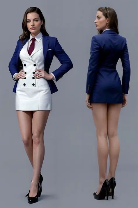 Character Design Sheet, character reference sheet, character turn around, 1girl, photo of robbie3, as (air hostess, Flight attendant), wearing suit, tie, miniskirt, realistic, movie, <lora:Blueprint-264505:1.6>