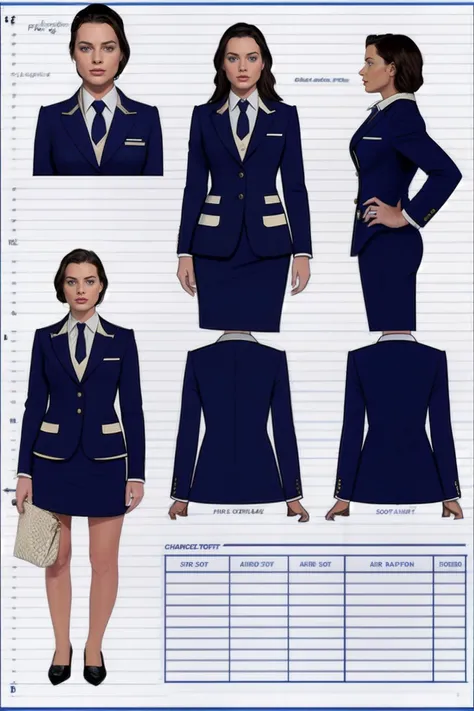 Character Design Sheet, character reference sheet, character turn around, 1girl, photo of robbie3, as (air hostess, Flight attendant), realistic, movie, <lora:Blueprint-264505:1.6>