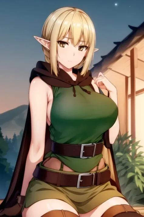 (Night:1.7), in forest village, wooden house,
sitting at attention,sitting on couch,
sleeveless,cloak,green shirt,brown cape,thigh_boots, thighhighs,gloves,loose_belt,bare_shoulders,hood, hood_down,
<lora:Ruze_IsekaiHarem-V1:0.7>,elf,pointy_ears,
blonde_hair,single braid, Bangs,brown_eyes,
1 girl, Manga,20yo,mature female,Beautiful Finger,Beautiful long legs,Beautiful body,Beautiful Nose,Beautiful character design, perfect eyes, perfect face,
looking at viewer, (innocent_big_eyes:1.0),(expressionless:1.3),
official art,extremely detailed CG unity 8k wallpaper, perfect lighting,Colorful, Bright_Front_face_Lighting,
(masterpiece:1.0),(best_quality:1.0), ultra high res,4K,ultra-detailed,
photography, 8K, HDR, highres, absurdres:1.2, Kodak portra 400, film grain, blurry background, bokeh:1.2, lens flare, (vibrant_color:1.2)
(Beautiful,large_Breasts:1.4), (beautiful_face:1.5),(narrow_waist),