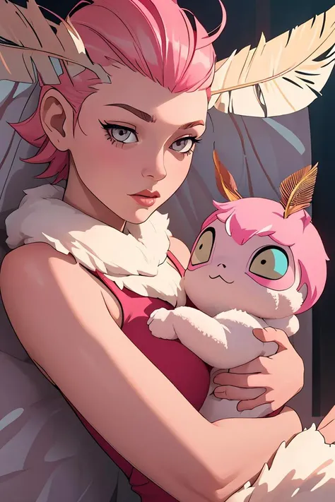 (masterpiece, best quality), 1girl, Salmon pink Short Faux Hawk with Skin Fade, Size G breasts, <lora:monstergirl_cpt_v06:1> mothgirl,