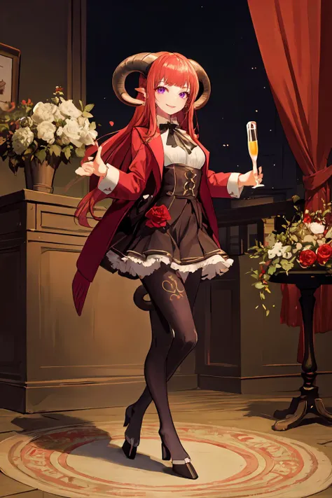 <lora:monstergirl_cpt_v04:1> satyr, champagne flute, champagne, rose petals, standing, tail, goat girl, goat legs,, ultra detailed, masterpiece, best quality, aesthetic, detailed,, solo, seductive smile, red lips,
1girl, purple eyes, red hair, blunt bangs, medium breasts, <lora:hair_rings:1> low hair rings, <lora:EllaNyan:1>,