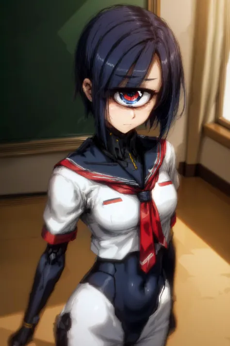 SLE, (semi-realistic), shallow depth of field, medium full shot, (mecha cyclops:1), monster girl, blue short hair, cadet uniform, ((school indoor)), mecha body, <lora:monstergirl_cpt_v05:1>, <lora:Signalis:0.7>, <lora:AMechaSSS[color_theme,mecha musume, mechanical parts,robot joints,headgear]:0.8>, <lora:more_details:0.8>, cutesy pose,