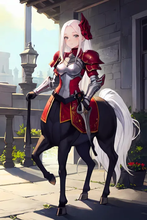 <lora:monstergirl_cpt_v04:1> centaur, full body,, ultra detailed, masterpiece, best quality, aesthetic, detailed,, serious, 1girl, (white eyes:1.1), (grey eyes:1.3), white hair, very long hair, parted hair, parted bangs, <lora:parted_hair_v1.3:1.3>, medium breasts,, valkyrie, (bodysuit:1.1), pink wing hair ornament, grey armored skirt, black bodysuit, armor, gauntlets, pink breastplate, greaves, armored dress, pink hues,