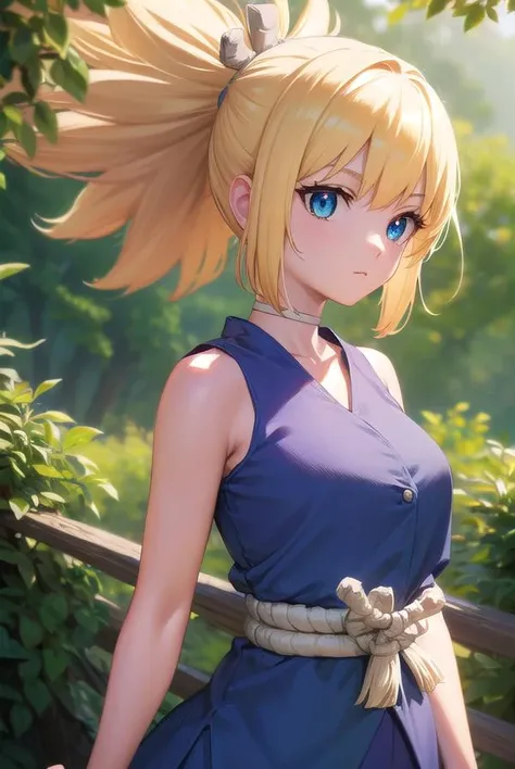 kohaku, <lyco:kohaku-lyco-nochekaiser:1>,
kohaku, blonde hair, blue eyes, hair ornament, ponytail,
BREAK bare shoulders, blue dress, choker, dress, rope, rope belt, sleeveless, sleeveless dress,
BREAK looking at viewer, full body, (cowboy shot:1.5),
BREAK outdoors, sky, forest, nature,
BREAK <lyco:GoodHands-beta2:1>, (masterpiece:1.2), best quality, high resolution, unity 8k wallpaper, (illustration:0.8), (beautiful detailed eyes:1.6), extremely detailed face, perfect lighting, extremely detailed CG, (perfect hands, perfect anatomy),