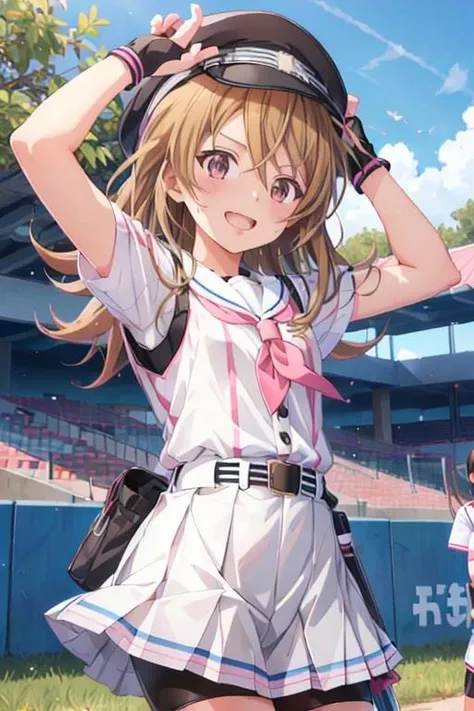 <lora:0849Hiwaki:1>,iwaki,petite,white baseball_uniform,pink vertical-striped,pleated skirt,sailor_collar,black hat,bike shorts,fingerless gloves,belt,
