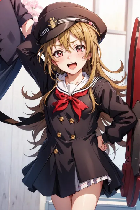 <lora:0849Hiwaki:1>,iwaki,petite,black hat,serafuku,school_uniform,sailor,cheering,cape,