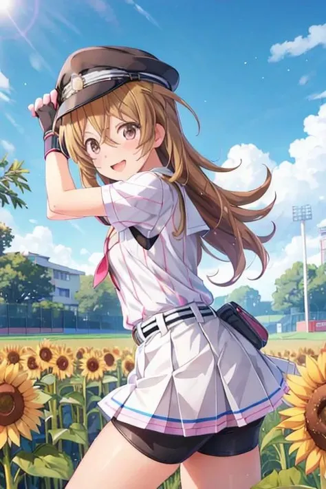<lora:0849Hiwaki:1>,iwaki,petite,white baseball_uniform,pink vertical-striped,pleated skirt,sailor_collar,black hat,bike shorts,fingerless gloves,belt,sunflower,