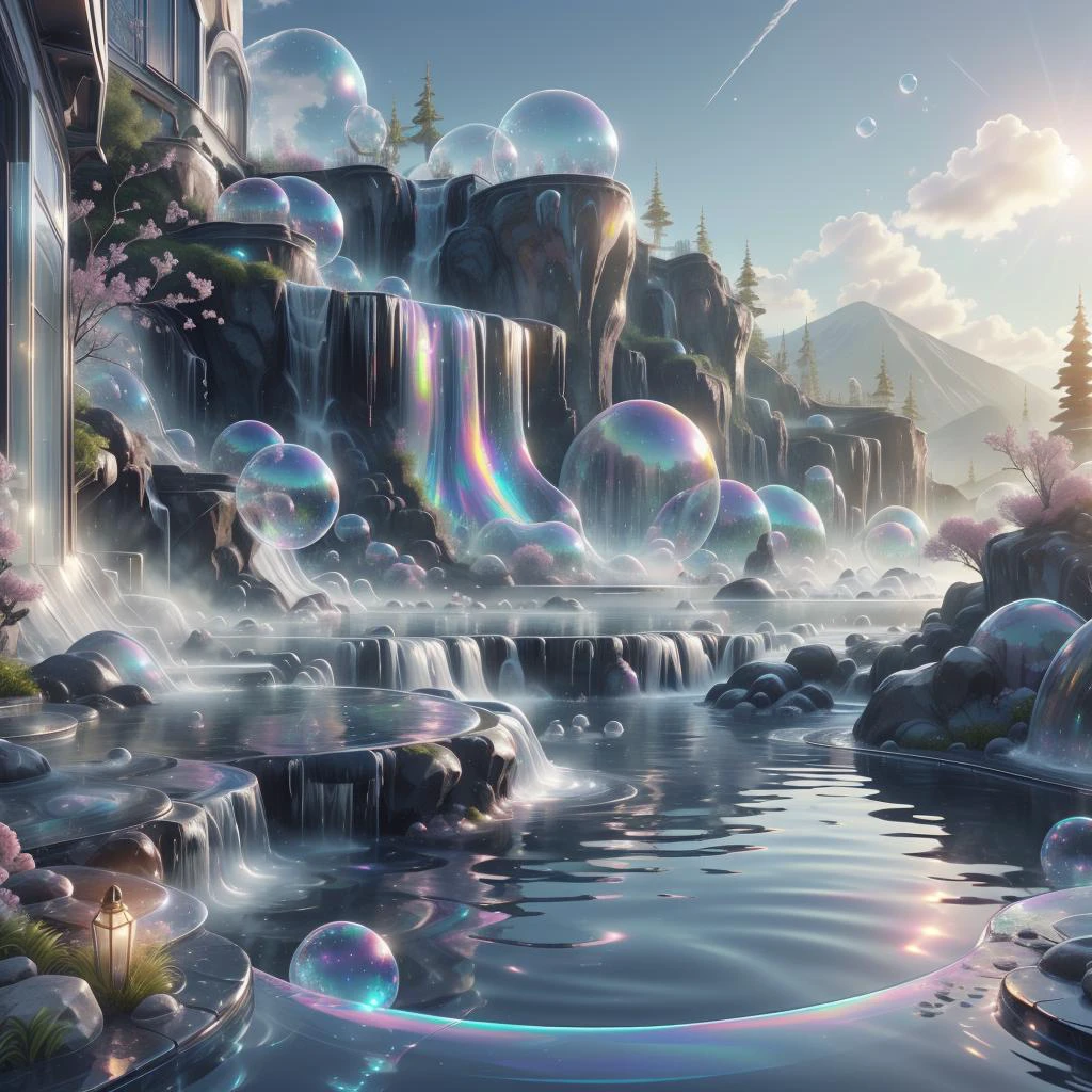<lora:BubblyTech:0.8>,bubblytech ,scifi, transparent, iridescent , see-through, inflated,
(outdoor hotspring) ,epic scenery, steamy